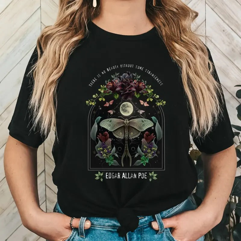 Edgar Allen P0e shirt, dark academia bookish gift for her, night garden literary quote, fairycore gothic merch, dark botanical bookish tee