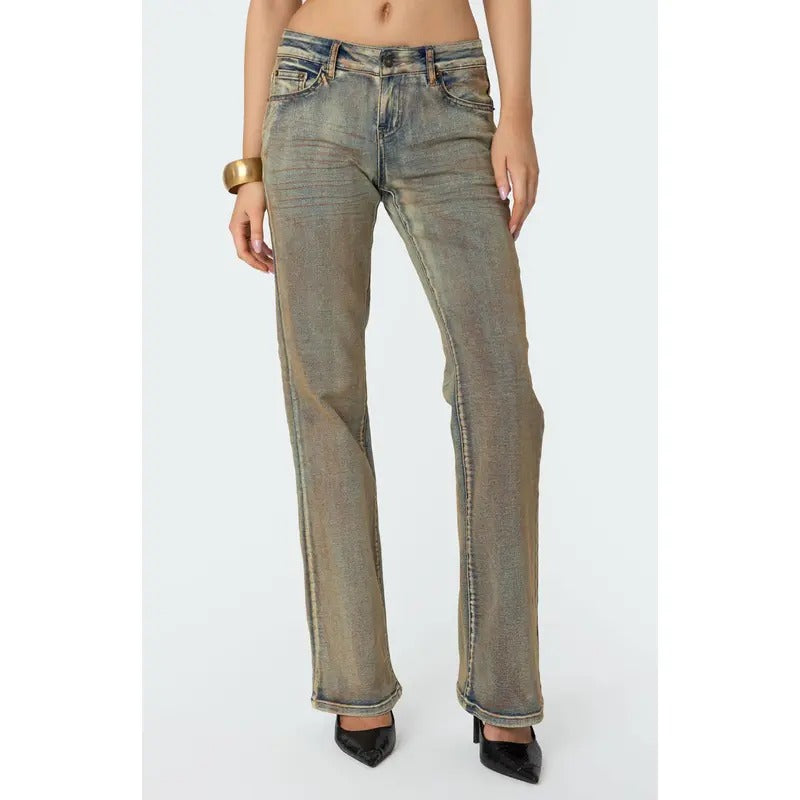 Edikted Women's Bootcut Low Rise Mud Washed Jeans
