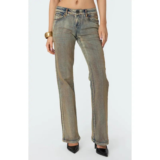 Edikted Women's Bootcut Low Rise Mud Washed Jeans