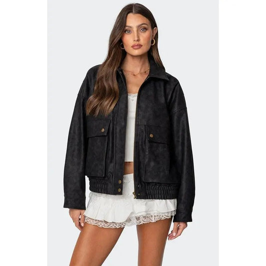 Edikted Women's Cargo Faux Leather Bomber Jacket