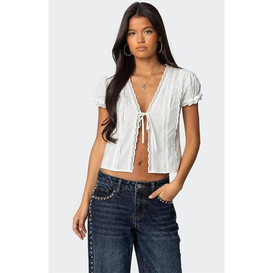 Edikted Women's Cotton Lacey Tie Front Top