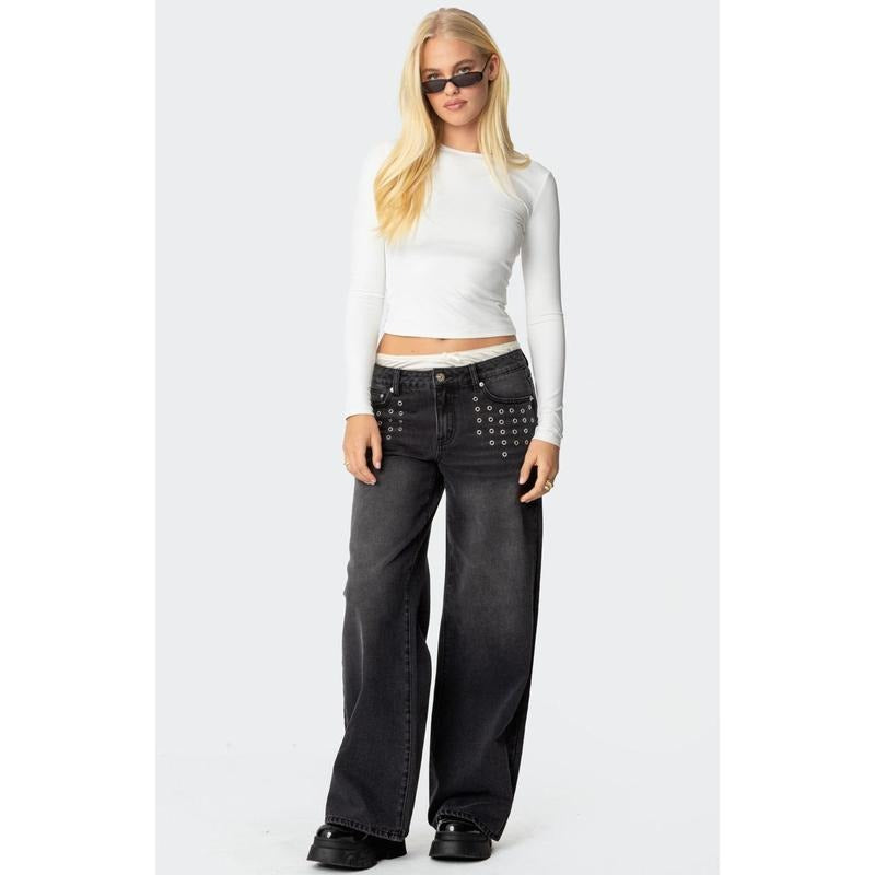 Edikted Women's Grommet Low Rise Baggy Jeans