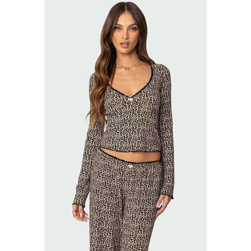 Edikted Women's Lue Leopard Printed Ribbed V Neck Top