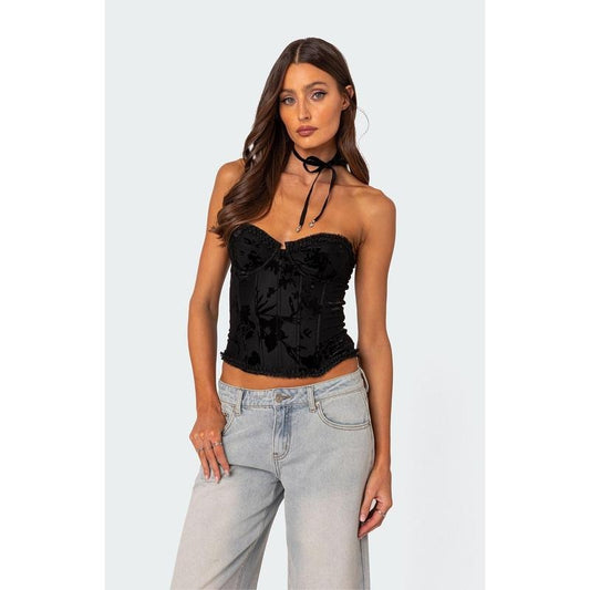 Edikted Women's Marine Velvet Embroidered Corset Top