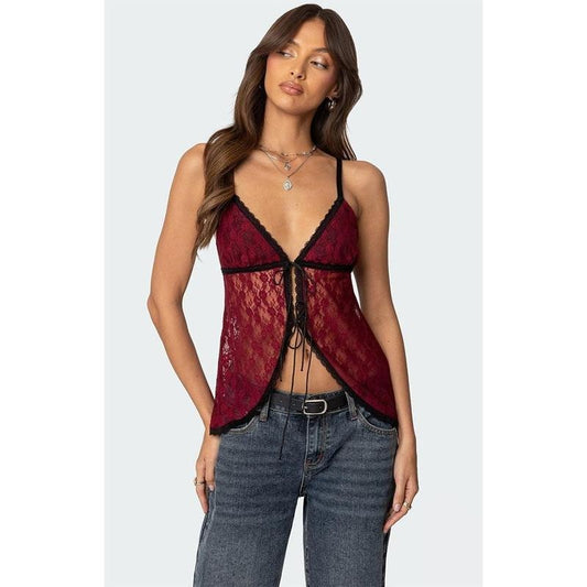 Edikted Women's Maude Tie Front Sheer Lace Top