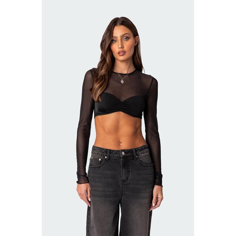 Edikted Women's Night Out Sheer Long Sleeve Crop Top