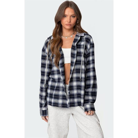 Edikted Women's Plaid Hooded Button Up Shirt