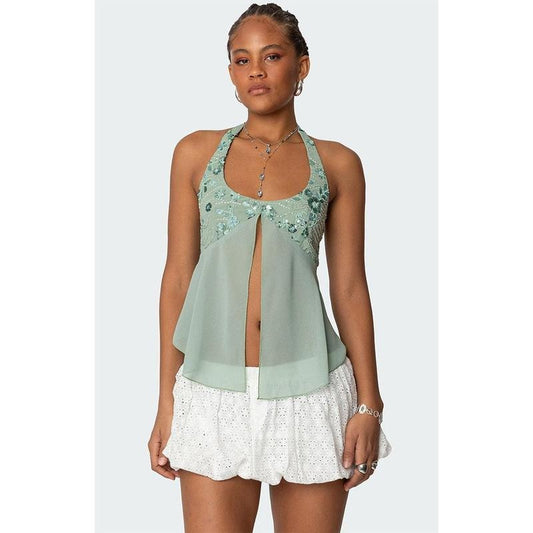 Edikted Women's Sequin Chiffon Split Front Top