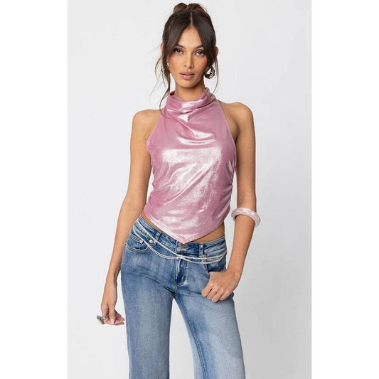Edikted Women's Shiny Backless Cowl Neck Top