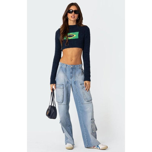 Edikted Women's Tara Low Rise Denim Cargo Jeans