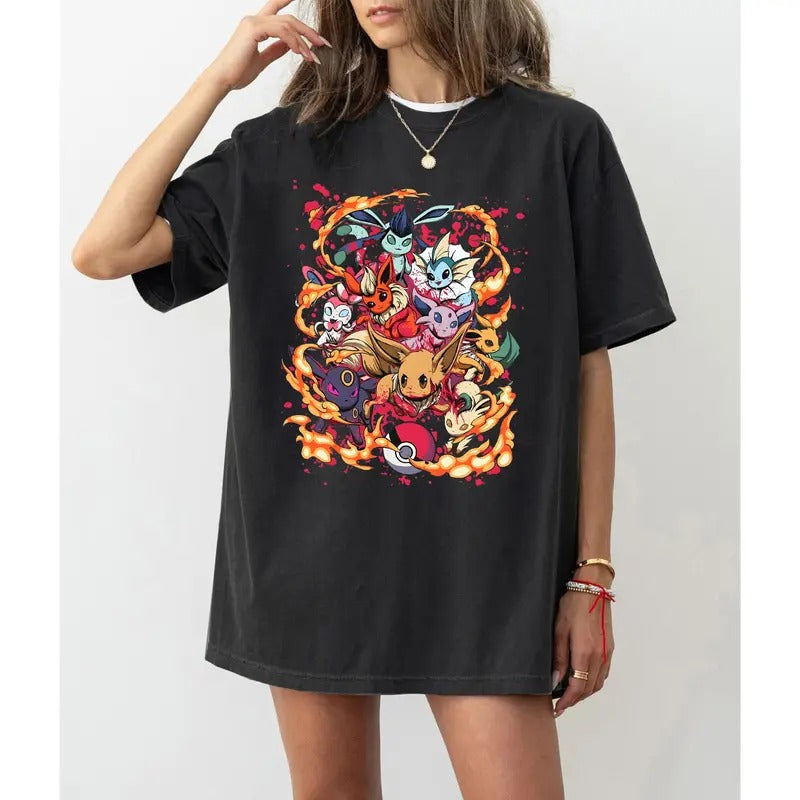 Eevee All Evolutions Flareon Umbreon Anime Inspired Hoodie T Shirt Sweatshirt, Eevee Evolutions T-Shirt, Eevee Eeveelution Sweatshirt, Eevee Pokem0n Shirt, Slyveon, umbreon, Espeon, Flareon Anime, Anime merch, Gift for anime fan, Kawaii, Eevee Shirt