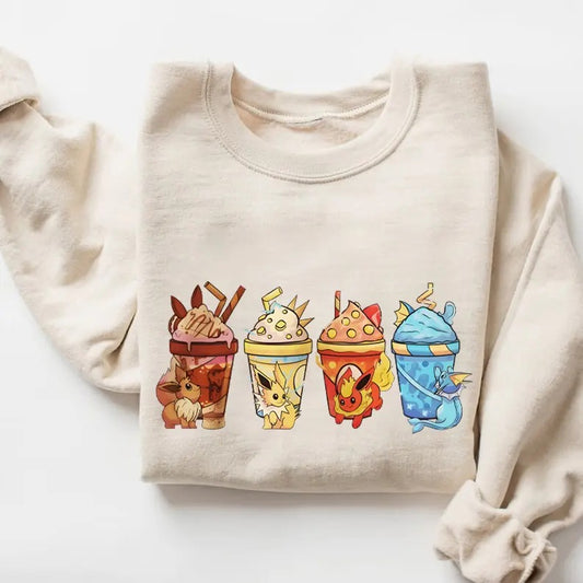 Eevee Eeveelution Tee, Coffee Sweatshirt Hoodie Graphic T-shirt, Slyveon, umbreon, Espeon, Flareon Anime, Anime Sweatshirt