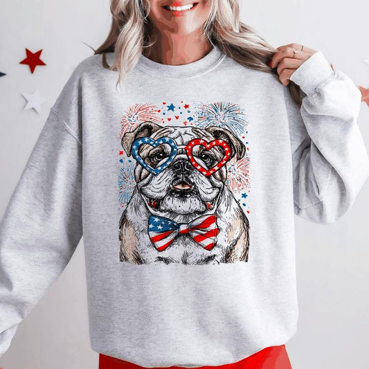 English Bulldog Patriotic Dog, USA, America, Pet Lover, 4th of July Sweatshirt, Crew Neck, Women's, Crewneck
