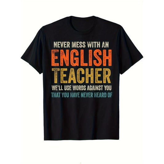 English Teacher Print, Men's Cotton T-shirt, Funny Graphic Tee Men's Outdoor Clothes, Men's Clothing, Back To School Casual Short Sleeve Crew Neck T-shirt made in usastyle{n002}6