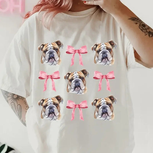 English bulldog and bows Shirt~ Unisex Apparel Relaxed Fit Printed In The USA Clothing Womenswear Casual Comfort Cotton Top Athletic Boho Chic