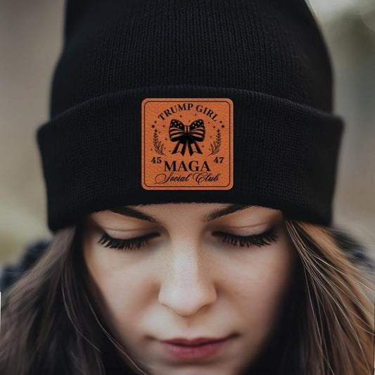 Engraved Donald Trump Beanie With Leather Patch, MAGA Social Club 2024 Winter Hat, Gift for Trump Supporters, Trump Girl Maga 45 47