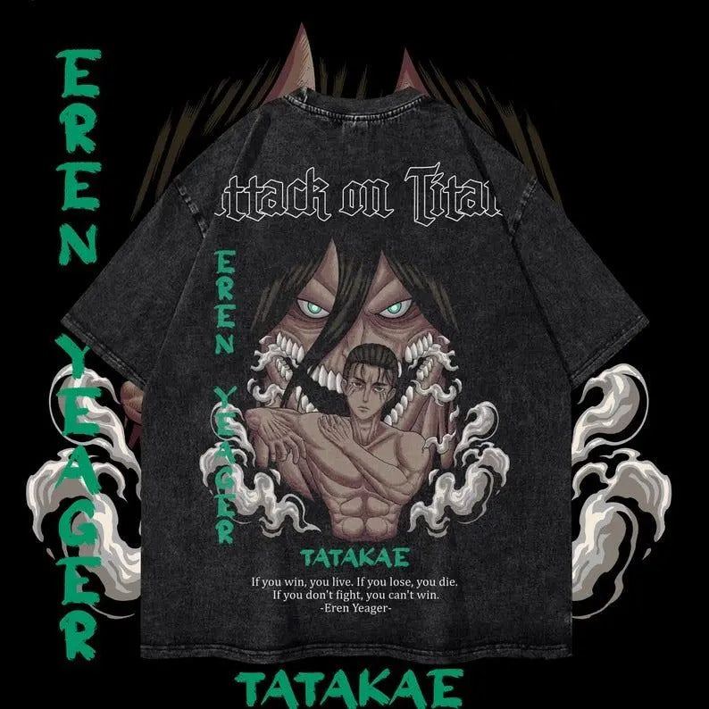 Eren Heavy Oversized Dyenomite Mineral Wash T-Shirt Unisex Attack on Titan Anime T-Shirt Streetwear & Gym Style Classic Cotton