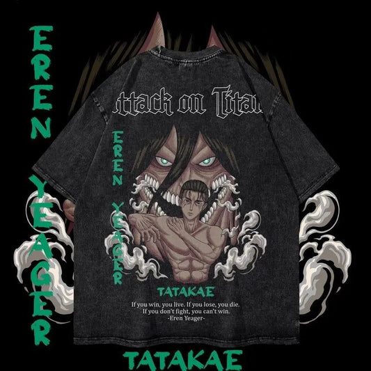 Eren Heavy Oversized Dyenomite Mineral Wash T-Shirt Unisex Attack on Titan Anime T-Shirt Streetwear & Gym Style Classic Cotton