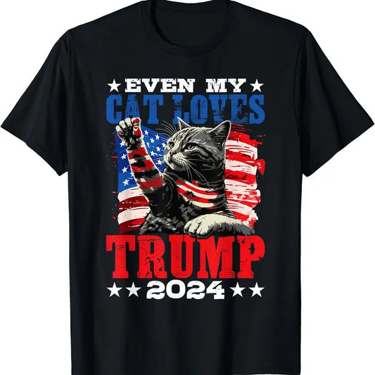 Even My Cat Loves Trump 2024 USA American Flag 4th Of July T-Shirt | Unisex Cotton Tee Gift | Full Size