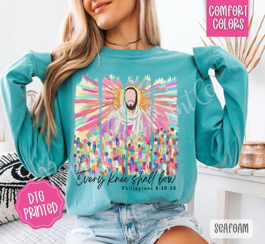 Every Knee Shall Bow Comfort Colors Long Sleeve T-Shirt, Trendy Religious Women's Tee
