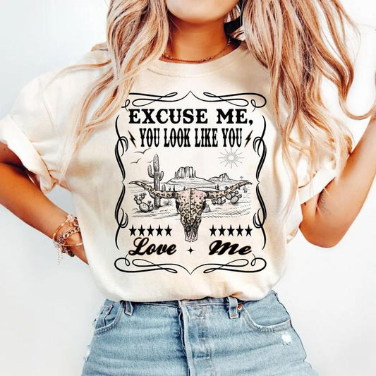 Excuse Me You Look Like You Love Me, Country Music Shirt, Whiskey Theme Graphic Tees, Retro Cowgirl, Trendy Western, Unisex Sweater Pullover Tee