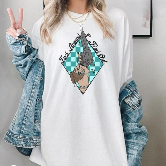 F*ck Around And Find Out Checkered Western Turquoise T-shirt Western Graphic Tee Women T-shirt