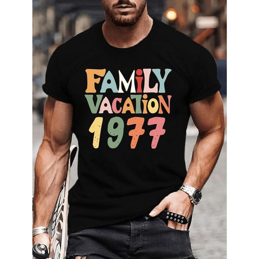FAMILY VACATION 1977 Printed T-shirt, men's fashion crew neck short sleeve T-shirt, summer casual top Made in USA