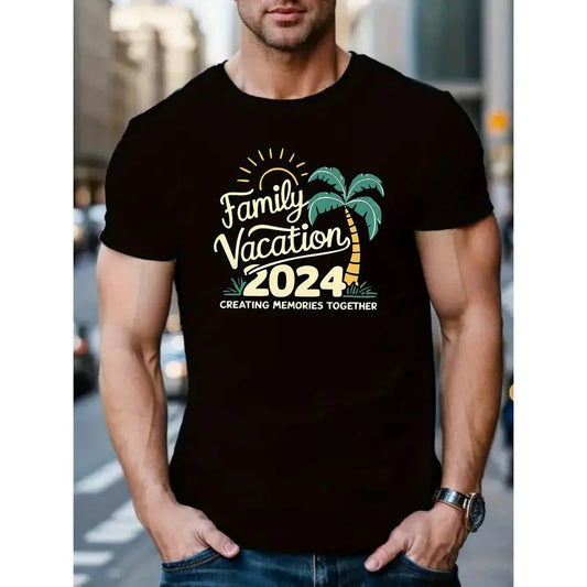 FAMILY VACATION 2024 Print, Men's Crew Neck Short Sleeve Summer T-shirt, Casual Comfy Top For Daily Wear MADE IN USA