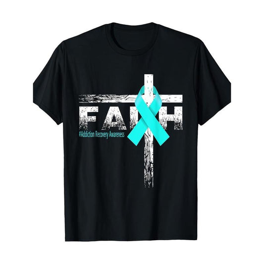 Faith & Cross Addiction Awareness Men's T-Shirt - 100% Cotton, Short Sleeve, Crew Neck, Casual Fit Made in USA