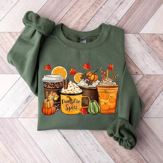 Fall Coffee Sweatshirt - Green Crewneck with Pumpkin Spice Coffee and Coffee Ice Cream Illustrations, Perfect for Thanksgiving Womenswear Cotton