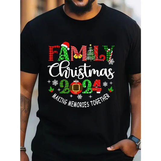 Family Christmas 2024 Casual Cotton T-Shirt for Men, Couple Matching Crew Neck Top with Slight Stretch, Knit Fabric Regular Fit, Summer Weekend Casual Wear with Festive Pattern Made in USA