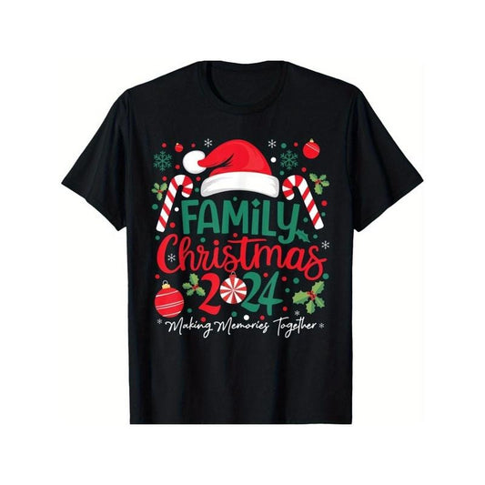 Family Christmas 2024 T-Shirt, Unisex Black Cotton Tee, Casual Round Neck, Soft Stretch Fabric, Festive Print, Perfect for Men, Women, Mom, Dad, Friends, All Seasons Made in USA