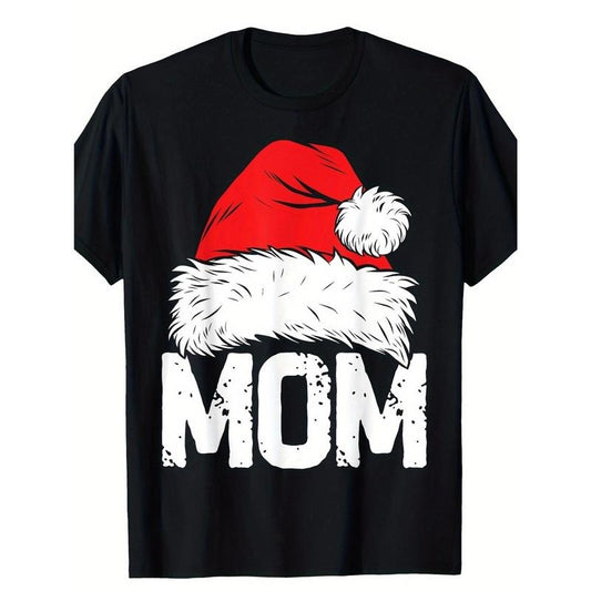 Family Matching Christmas Pajamas - Mom & Youngsters' Santa Print Cotton T-Shirts, Short Sleeve, Crew Neck - Casual Holiday Wear made in usa