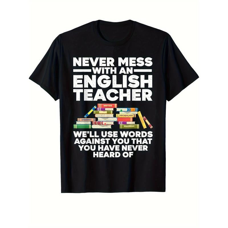 [Fast Arrival] Fun English Teacher Graphic Tee - Men's Cotton Short Sleeve Crew Neck T-Shirt - Back To School Casual Outdoor Clothing - Funny Printed Teacher's Gift made in usa