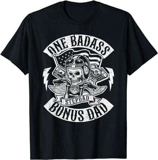 Father's Day T-Shirt, Gifts For Stepdad, One Badass Bonus Stepdad Biker Step Dad Fathers Day Gift T-Shirt Menswear Casual Cotton