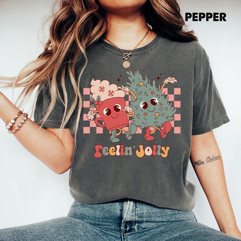 Feelin' Joy Christmas Comfort Colors Shirt, Retro Christmas Holiday T-shirt, Christmas Tree Family Tee, Christmas Cozy Outfit, Winter Gifts