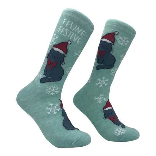 Feline Festive Socks Funny Cute Xmas Kitten Novelty Footwear Funny Graphic Socks Comfortable Fitted Spandex Cotton
