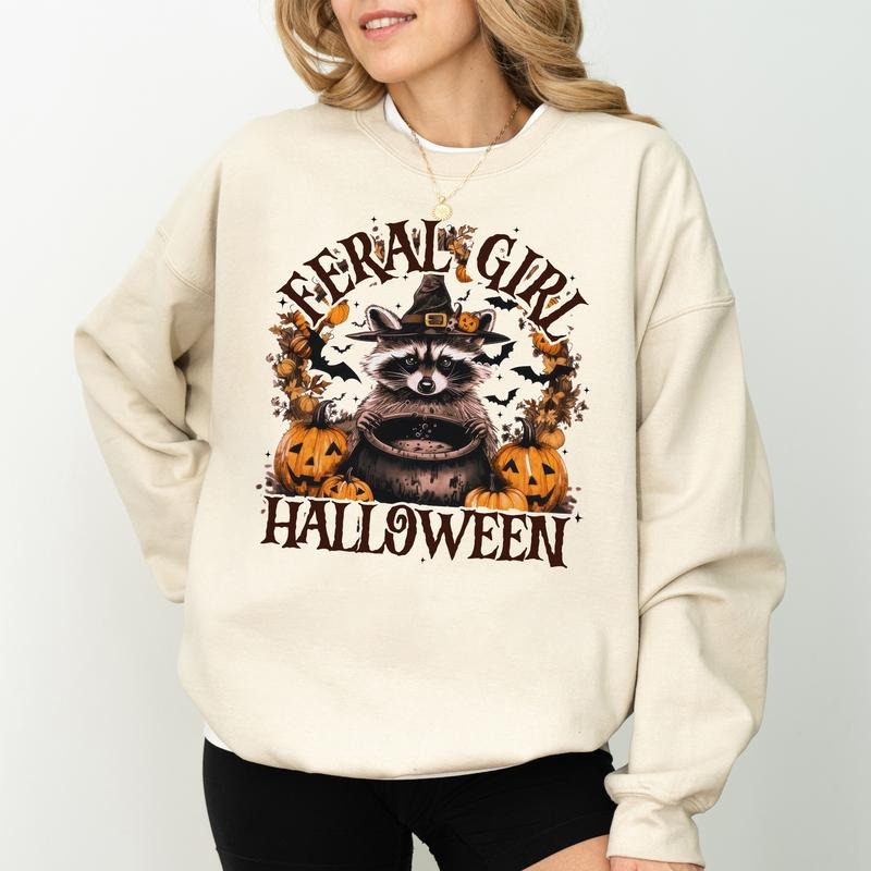 Feral Girl Halloween Raccoon Sweatshirt, Witchy Raccoon Crewneck, Cute Trash Panda Sweatshirt, Feral Raccoon Sweater, Raccoon Lover Gift, Comfy Long Sleeve Pullover, Cute Women's Tops, Fall Winter Casual Womenswear, Comfort Cotton Fabric Relaxed Top