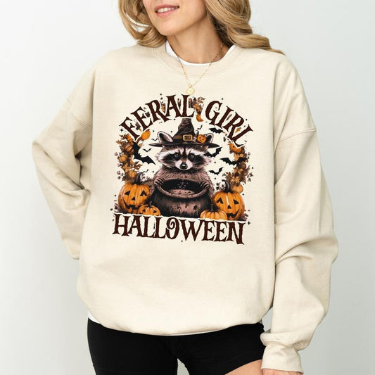 Feral Girl Halloween Raccoon Sweatshirt, Witchy Raccoon Crewneck, Cute Trash Panda Sweatshirt, Feral Raccoon Sweater, Raccoon Lover Gift, Comfy Long Sleeve Pullover, Cute Women's Tops, Fall Winter Casual Womenswear, Comfort Cotton Fabric Relaxed Top