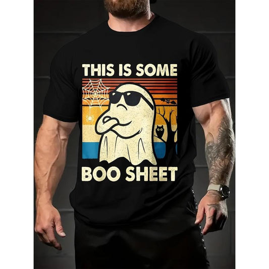 Festive Cartoon Ghost Print T-Shirt: Perfect for Summer Outings - Men's Casual Short Sleeve Top Made in USAstyle{n002}2