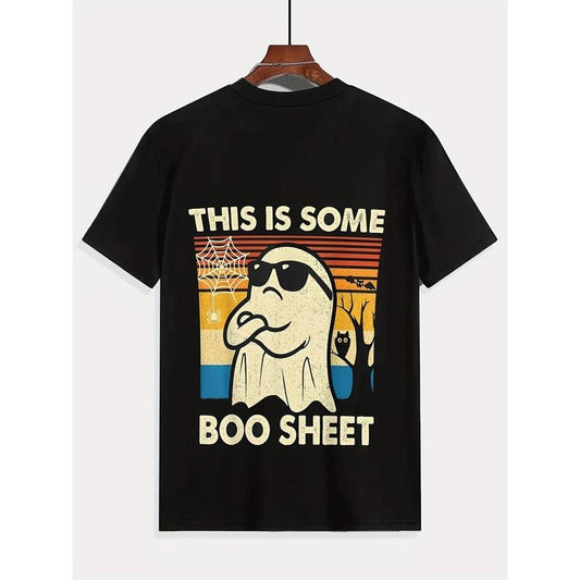 Festive Cartoon Ghost Print T-Shirt: Perfect for Summer Outings - Men's Casual Short Sleeve Top made in usa