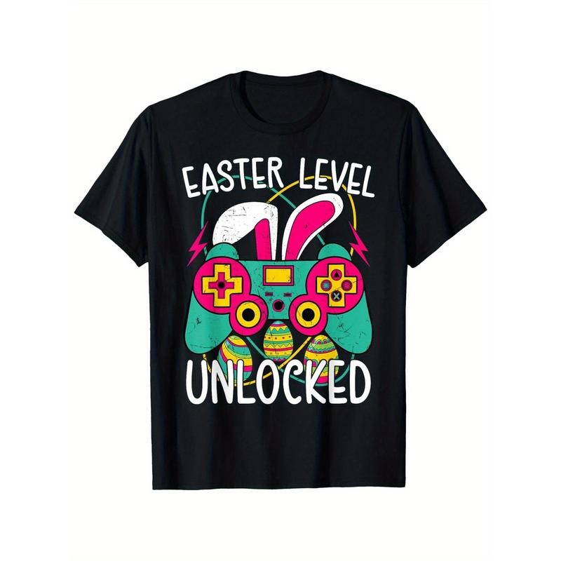 Festive Joy, Men's Easter Level Unlocked Gamer T-Shirt - Casual Crew Neck, Soft Cotton, Breathable Summer Tee with Game Controller & Bunny Ears Design - Ideal for Daily Wear & Gifting, Gamer Gift made in usa