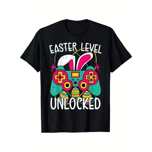 Festive Joy, Men's Easter Level Unlocked Gamer T-Shirt - Casual Crew Neck, Soft Cotton, Breathable Summer Tee with Game Controller & Bunny Ears Design - Ideal for Daily Wear & Gifting, Gamer Gift made in usa