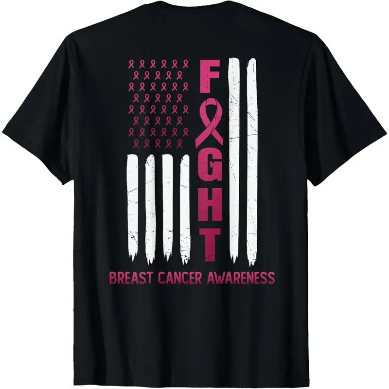 Fight USA FLAG on the BACK Breast Cancer Awareness T-Shirt made in usa
