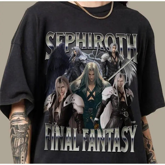 Final Fantasy 7 Graphic T-Shirt - Unisex Black with Cloud VS The One Winged Angel Design - Classic Anime Shirt for Fans