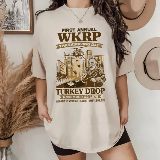First Annual Wkrp Thanksgiving Day Turkey Drop Les Nessman Shirt, Funny Thanksgiving Day Shirt, Unisex Short Sleeve Tee
