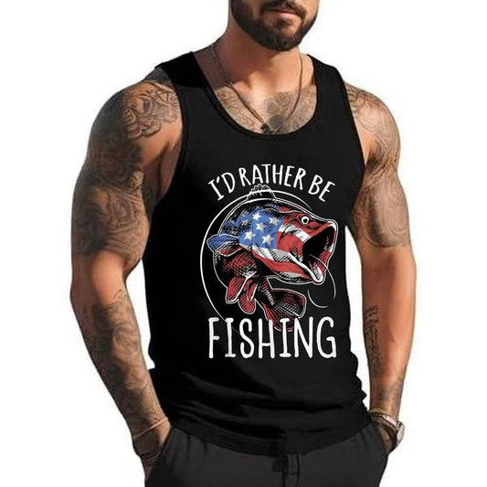 Fishing America USA 4th of July I_d Rather Be Fishing Unisex Tank Top, Cotton, Size S-3XL