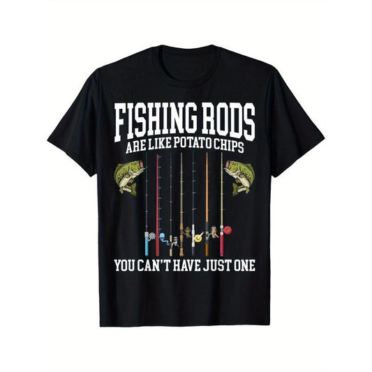 Fishing Rods Are Like Potato Chips You Can't Have Just One Printed T-shirt Comfortable Breathable, Casual Short Sleeve, Daily Wear, All Season, Black Men 220g made in usa