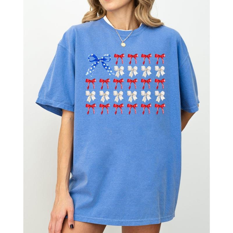 Flag Ribbons and Bows, America, Fourth Of July, Red White Blue, USA, Patriotic, Girly, Coquette, Trendy Shirt, Women's Comfort Color Tee, Tshirt
