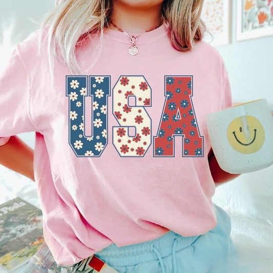 Floral 4th Of July Tshirt, Usa Shirt, Patriotic T-Shirt, American Flag, Floral USA, 4th of July, Trending Shirt Top Womenswear